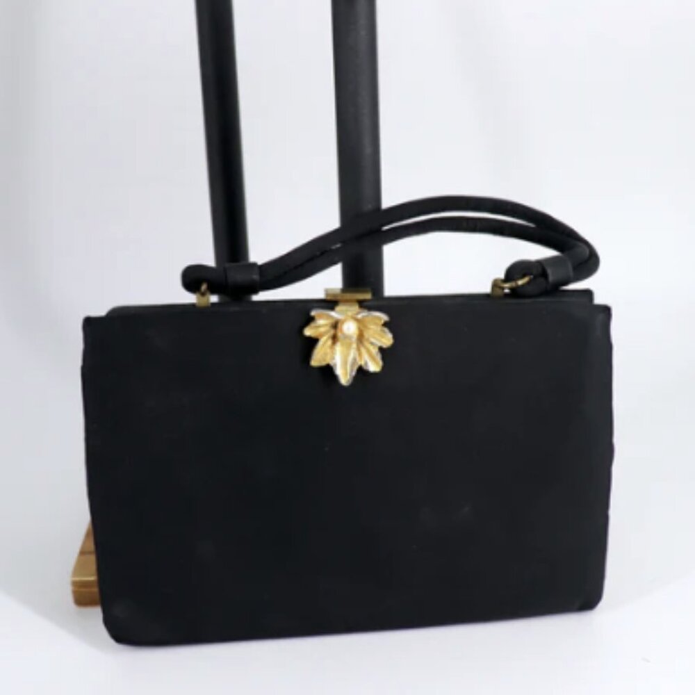 Vintage 1950s Ingber black grosgrain handbag with gold flower clasp